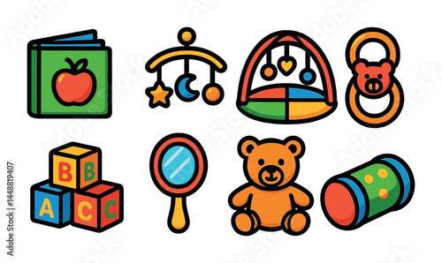 Baby toys icon set – colorful line art collection for child's play, nursery decor, and baby showers: blocks, mobile, teddy bear, rattle, mirror, book, play mat
