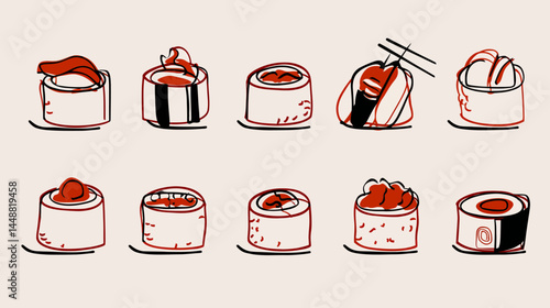 Sushi roll icons, minimal vector    -  