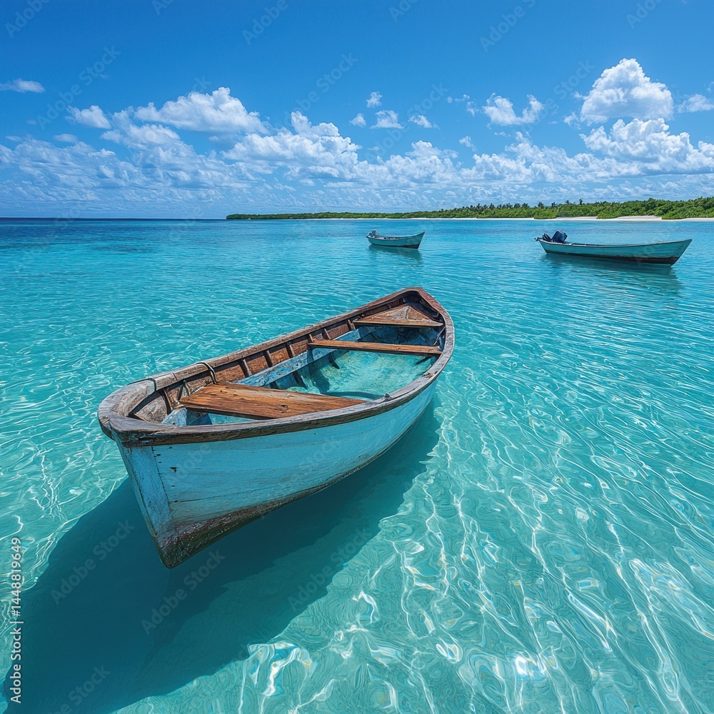 Naklejka premium Wooden Boat Floating on Turquoise Water Near Tropical Island Paradise