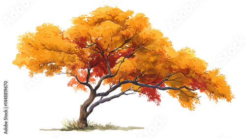 Vector autumn tree side view isolated on white background for landscape scene, watercolor plant for architecture drawing, environment and garden, botanical elements, blooming tree in autumn   -  