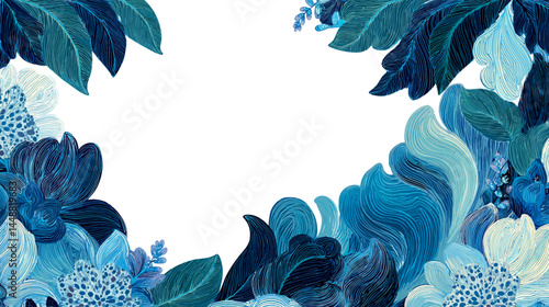Vector border and frame element, pattern in floral wavy style, ocean and vacation theme, flowers and plants, floral botanic design templates   - 