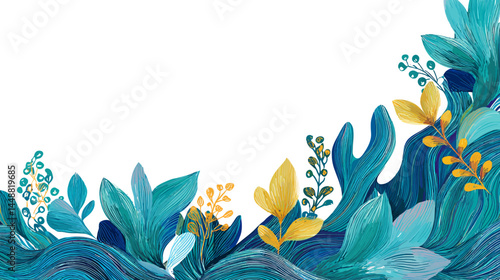 Vector border and frame element, pattern in floral wavy style, ocean and vacation theme, flowers and plants, floral botanic design templates   -  