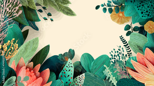 Vector border and frame element, pattern in floral wavy style, ocean and vacation theme, flowers and plants, floral botanic design templates, modern art prints   -  