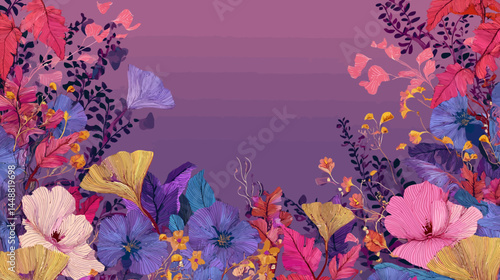 Vector border and frame element, pattern in floral wavy style, ocean and vacation theme, flowers and plants, floral botanic design templates   -  