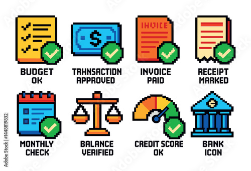 Finance and payment pixel art icons set – retro style budget, transaction, and banking symbols for financial management: budget, transaction, invoice, receipt, balance, credit score, bank.