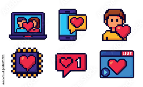 Romantic communication pixel art icons – heartfelt messaging and love interaction symbols for digital connection: laptop, smartphone, profile, chip, notification, video