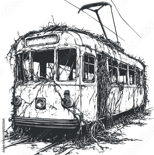 Black and white illustration of an abandoned tram covered in vines and overgrowth on railway tracks