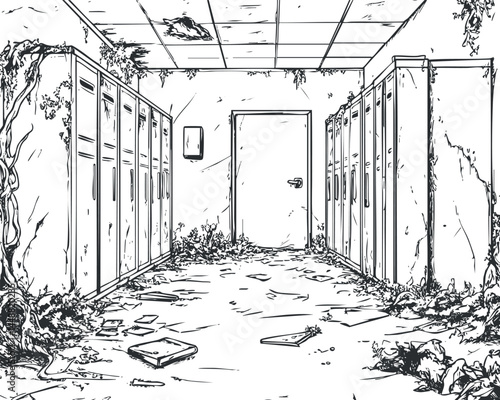 Black and white drawing of an abandoned and damaged hallway with lockers covered in vines and debris scattered on the floor