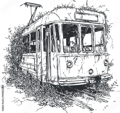Black and white illustration of an abandoned tram overgrown with vines on old railway tracks