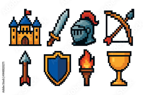 Medieval fantasy pixel art icons – 8-bit style knights, castles, and weaponry for adventurous projects: castle, sword, helmet, bow, arrow, shield, torch, chalice.