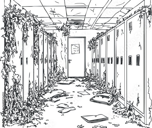 Abandoned school hallway with rows of lockers overgrown by vines and scattered books and papers on the floor.