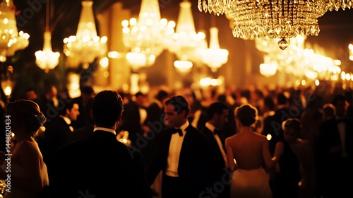 Luxurious evening gathering under glittering chandeliers.