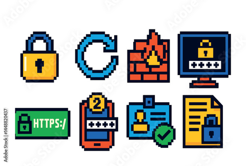 Cyber security icons set featuring firewall safety, secure connection, authentication, and encryption in pixel art style