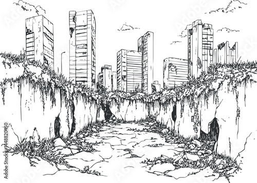Black and white sketch of a postapocalyptic city with ruined skyscrapers overgrown by nature and cracked ground