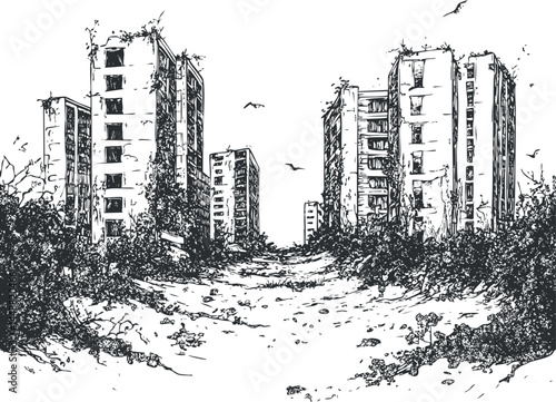 Black and white sketch of abandoned urban buildings overgrown with vegetation and birds flying in a deserted city