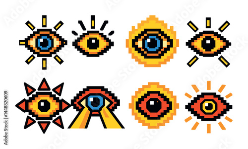 Eye symbols pixel art icons set - vibrant style visual, optical, and vision graphics for creative projects: all-seeing eye, abstract eye, eye with rays, colorful eye.