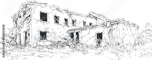 Black and white sketch of an abandoned dilapidated building overgrown with ivy and vegetation showing signs of decay and neglect.