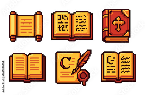 Ancient manuscript pixel art icon set – retro historical and book symbols for digital designs: scroll, open book, closed book, quill, sealed letter.