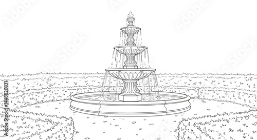 Elegant tiered fountain with cascading water in a formal garden illustration copy space