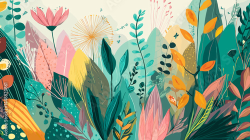 Vector in naive and groovy style, flowers and plants, floral botanic design templates, frames and modern art prints, posters and placards   -  