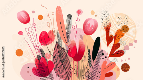 Vector in naive and groovy style, flowers and plants, floral botanic design templates, frames and modern art prints, posters and placards   - 