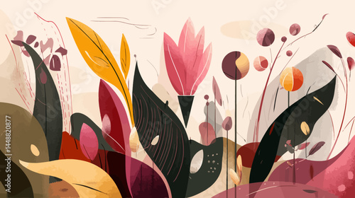 Vector in naive and groovy style, flowers and plants, floral botanic design templates, frames and modern art prints, posters and placards   -  