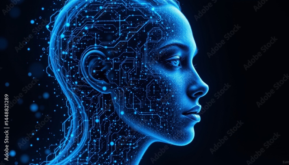 Obraz premium Futuristic Woman Profile Digital Circuit Board Technology AI