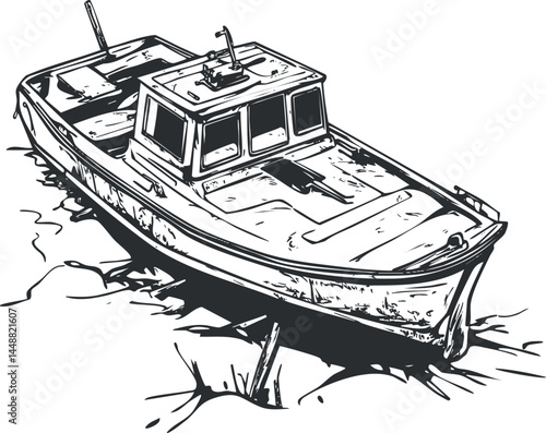 Black and white sketch of a fishing boat on water showing cabin and deck details