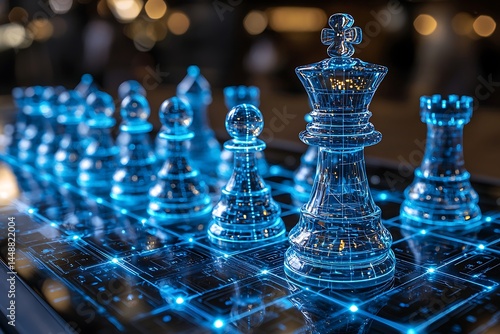 Glass chess pieces on a digital board