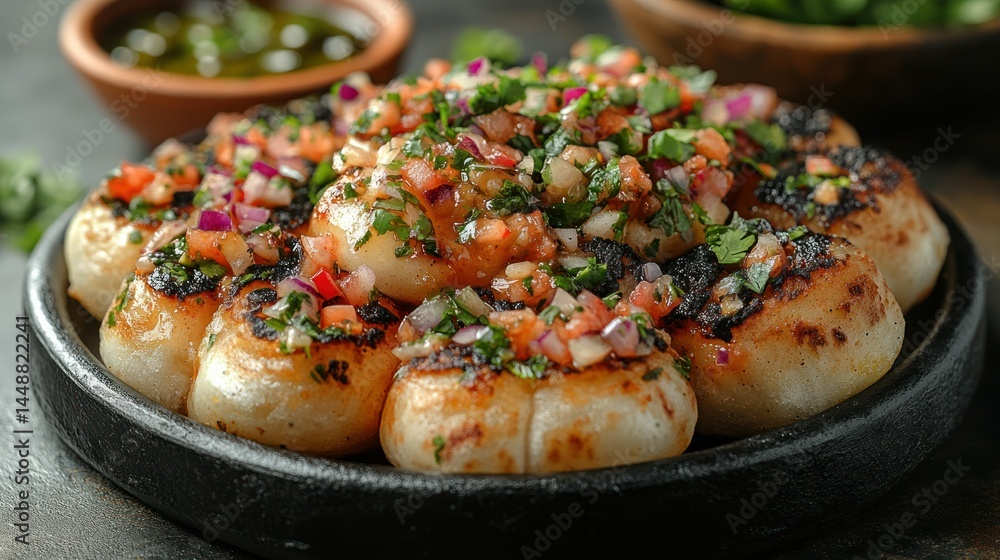 Spicy, toasted bread topped with vibrant salsa Spicy, toasted bread topped with vibrant salsa