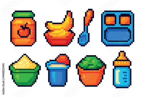 Baby food icon set - pixel art style nutrition and feeding symbols for parenting: jar, bowl, spoon, scale, cereal, yogurt, broccoli, bottle.
