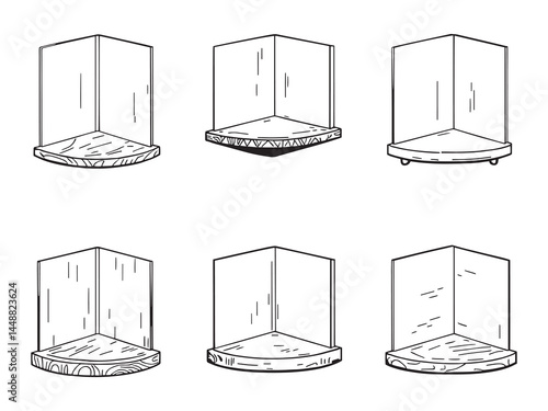 Set of 6 pcs Different type of Corner Shelf Clear Vision Simple Line Art on White Background