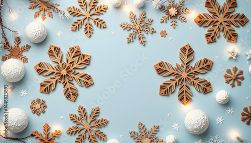 Abstract flat lay winter background with wooden snowflakes and white snowballs on light blue background, glowing neon. with white shades
