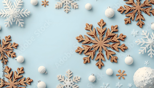 Abstract flat lay winter background with wooden snowflakes and white snowballs on light blue background, pixel art. with white shades