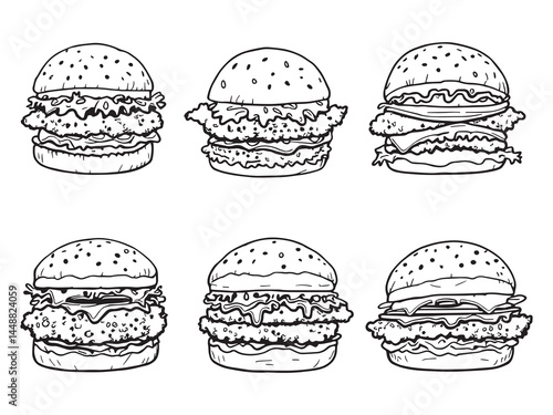 Set of 6 pcs Different type of Crispy Chicken Sandwich Clear Vision Simple Line Art on White Background