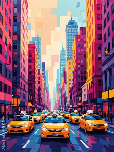 new york city street illustration wall art poster in colorful style 