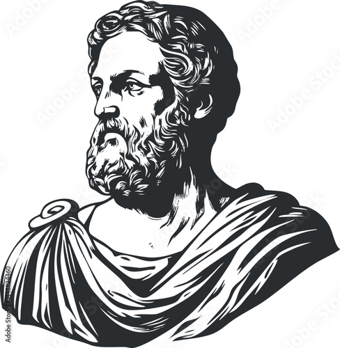 Black and white illustration of an ancient classical bust sculpture depicting a bearded man in traditional attire