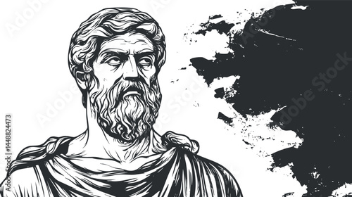 Black and white illustration of an ancient philosopher statue with a thoughtful expression and beard