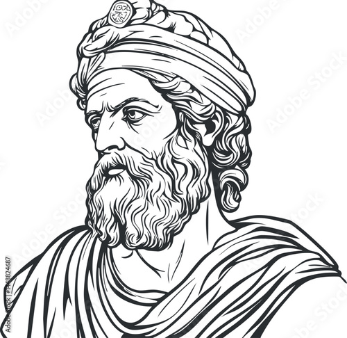 Black and white line drawing of an ancient bearded man wearing a turban and toga in profile view