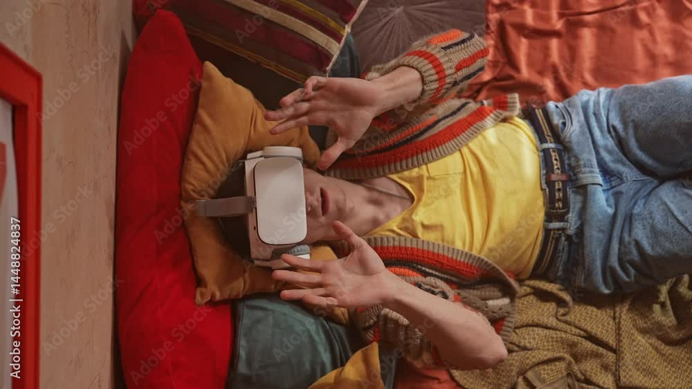 Person Relaxing with Virtual Reality Headset on Cozy Cushions Person Relaxing with Virtual Reality Headset on Cozy Cushions