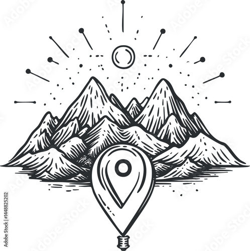 Hand-drawn illustration of mountain range with location pin and celestial symbols for navigation and travel