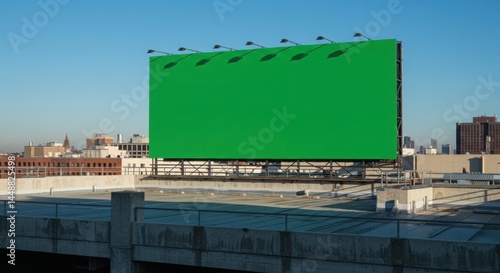 Blank billboard PSD. Empty green billboard on rooftop against clear blue sky