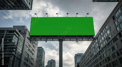 Blank billboard PSD. Empty green billboard in urban setting