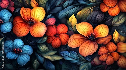 Wallpaper Mural Vibrant Floral Pattern with Colorful Flowers and Leaves Torontodigital.ca