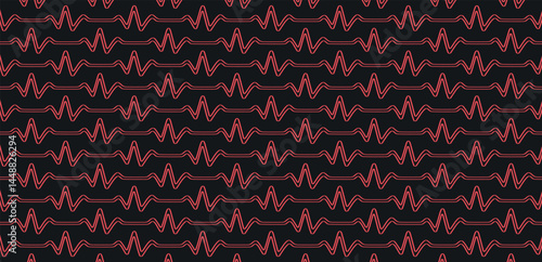 Red waveform rhythm on a black surface. Pulse shape line art seamless geometric vector pattern design in red color.