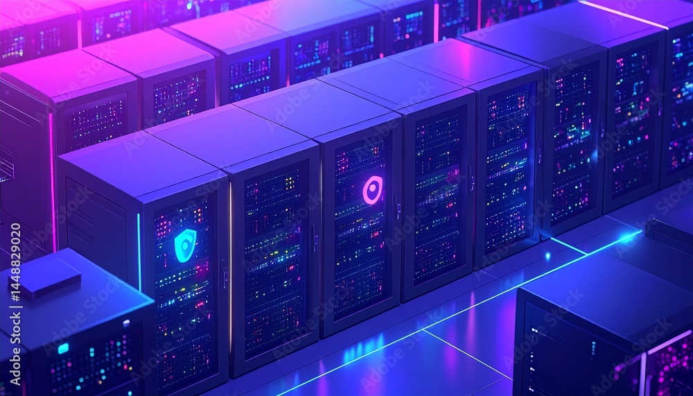 Obraz premium Isometric Render of Data Center with Glowing Servers and Cyber Security