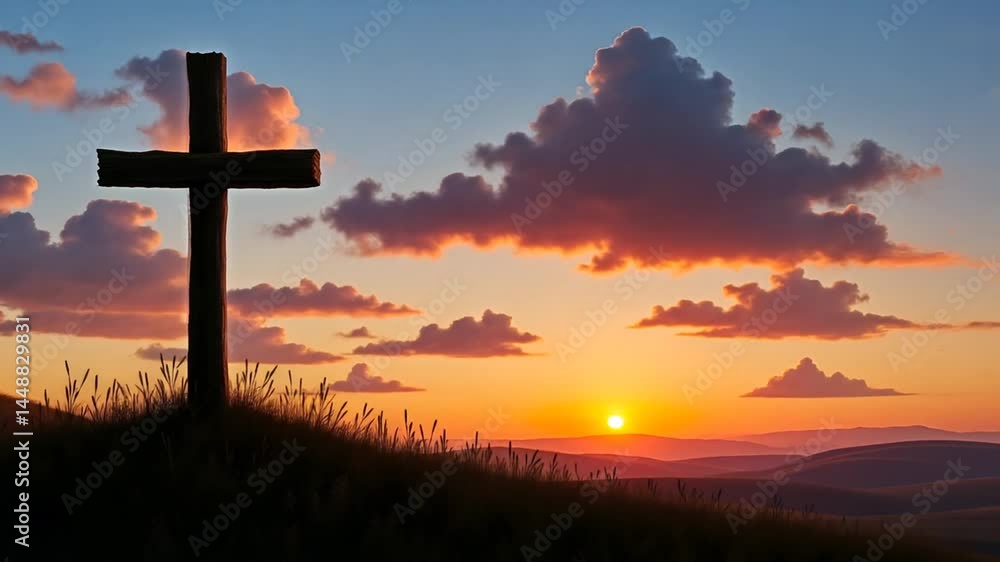 Silhouette of a cross on the background of a bright sunset Silhouette of a cross on the background of a bright sunset