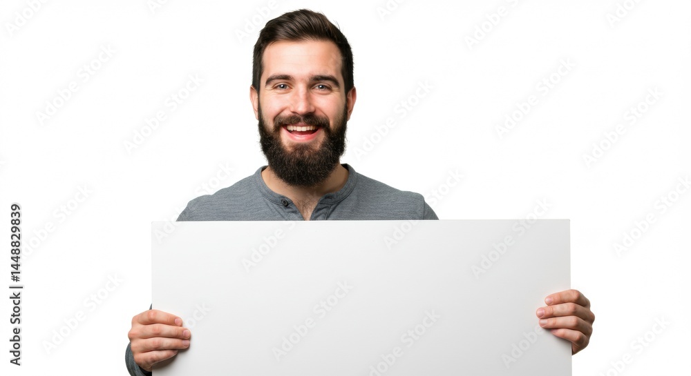 Smiling bearded man holding a blank sign against a white background, perfect for adding your message. He's clearly happy to share. Smiling bearded man holding a blank sign against a white background, perfect for adding your message. He's clearly happy to share.