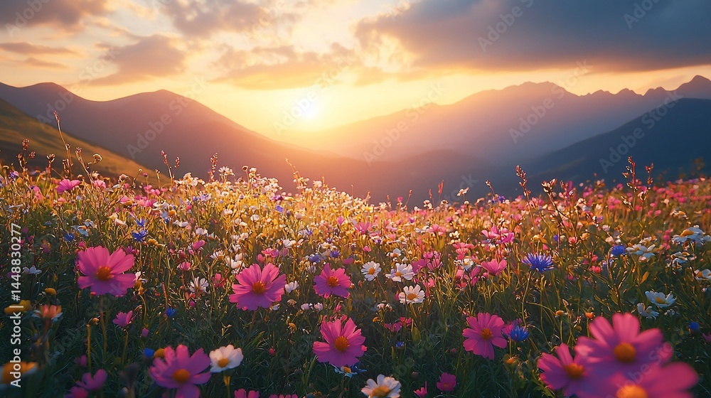 Fototapeta premium Sunset mountain meadow wildflowers landscape; nature serenity
