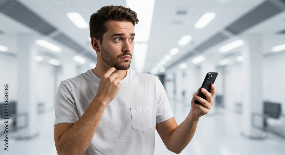 Confused man looks at his phone in disbelief, wearing a white shirt, with his hand on his chin against a blurred indoor background. Confused man looks at his phone in disbelief, wearing a white shirt, with his hand on his chin against a blurred indoor background.